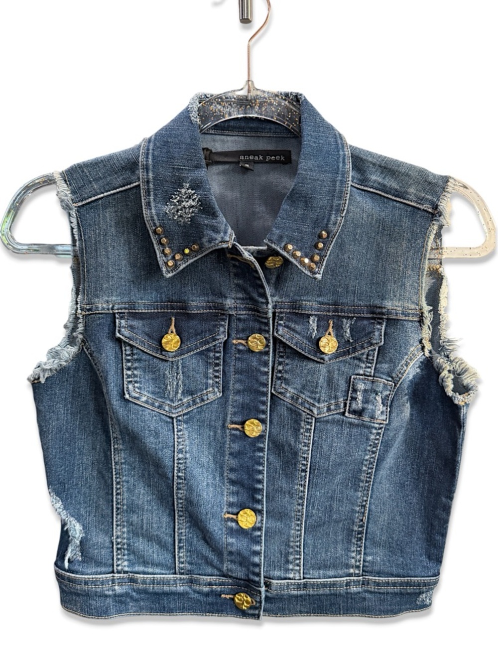 Sneak Peek Denim Vest Cut-Off Sleeves Gold Button and Studded Accents  NWT - S